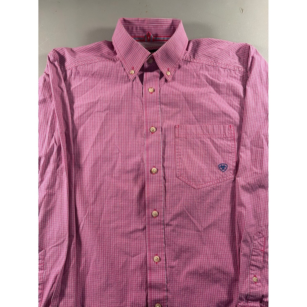 Ariat Pro Series Shirt Mens Small Pink‎ White Check Long Sleeve Western Button